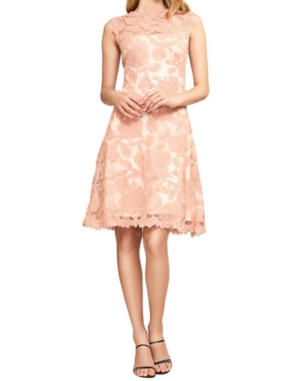 TADASHI SHOJI Tamura Pink Embroidered Lace Fit Flare Midi Dress 12 Floral Party - Picture 3 of 13